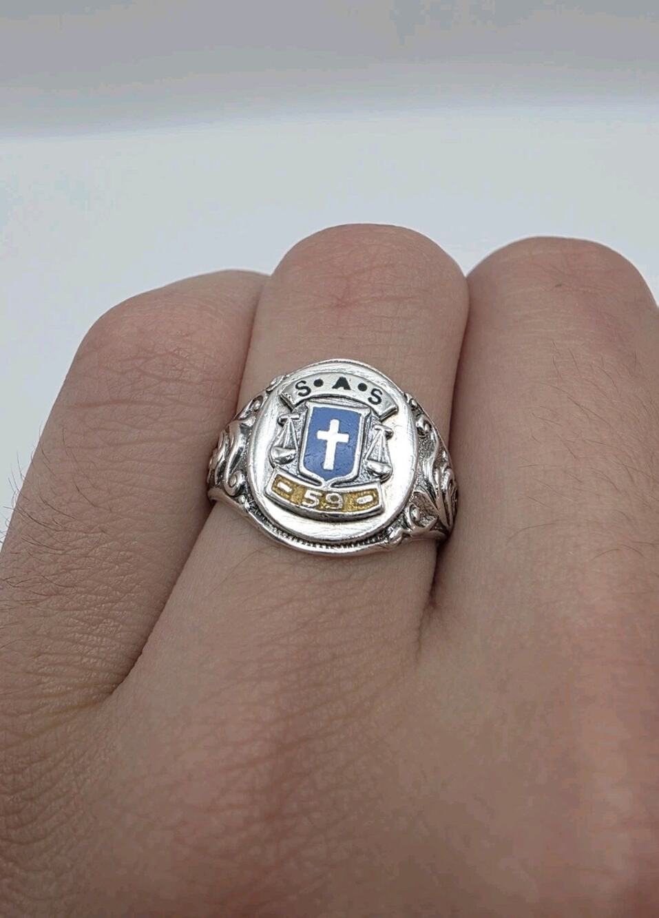 Vintage Sterling Silver 925 S*A*S Blue Cross 1959 Enamel Ring Size 9